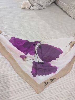 Vintage Bill Blass Floral Silk Square Scarf in Purple and Cream